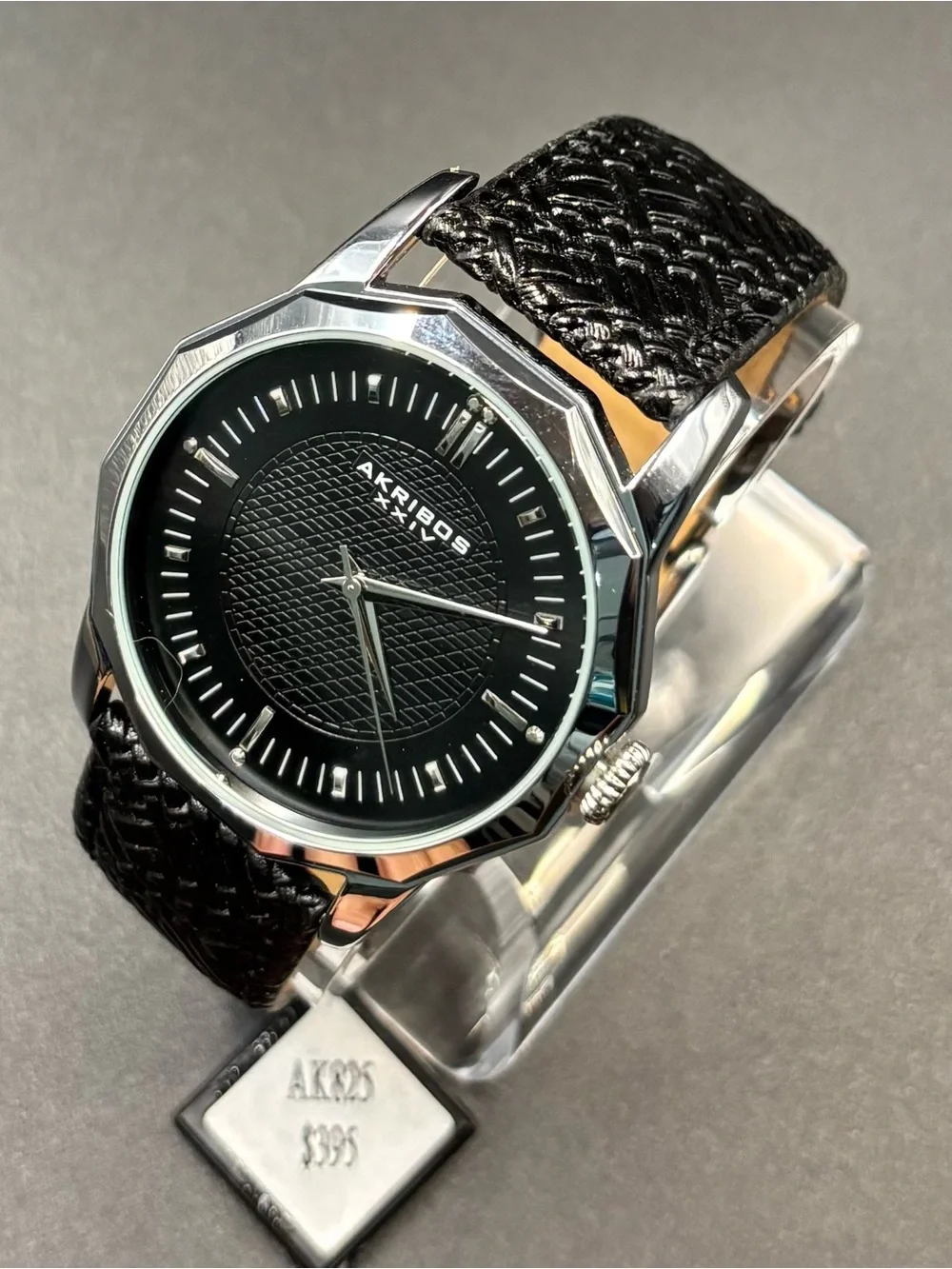 Akribos XXIV Men's BlK Dodecagon Bezel BlK Dial BlK Leather Strap 41mm-AK825SSB